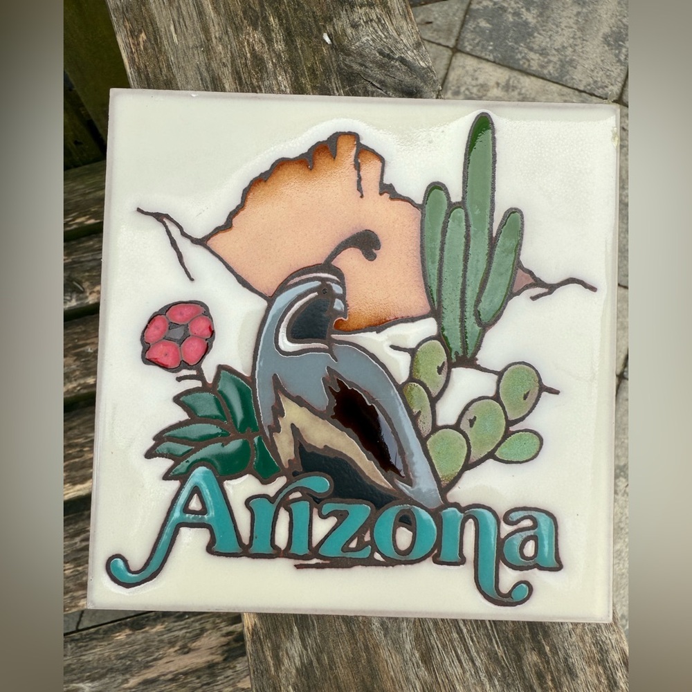 VTG ARIZONA Masterworks Handcrafted Art Tile Ceramic Trivet 6x6” Cactus Bird‎ B